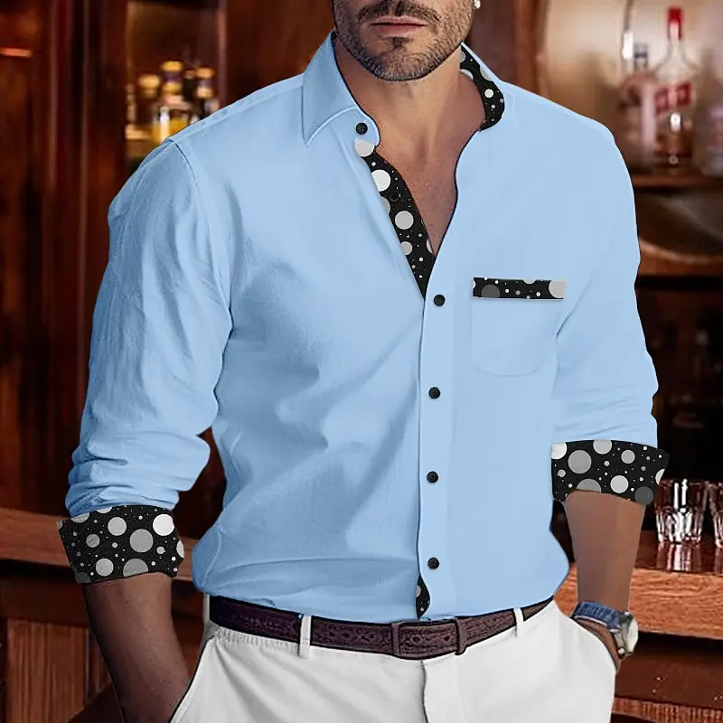 Camisas masculinas de manga comprida em bolinhas coloridas, desgaste diário do resort, botão elegante, confortável, casual, confortável