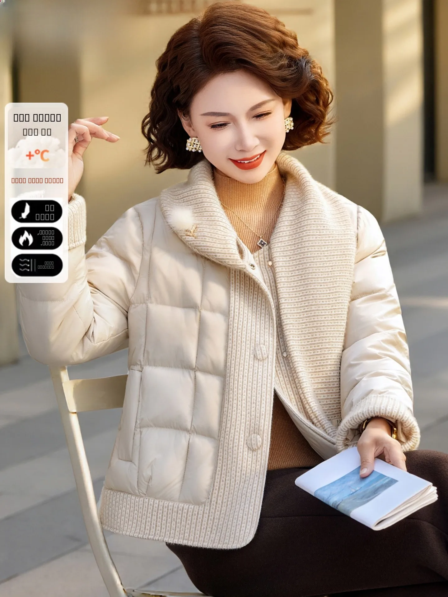 

Ele Faionable down Cotton Jaet for Mom over 50 Winter Coat Sli Warmth Stand Fit Loose Sle Button Detail