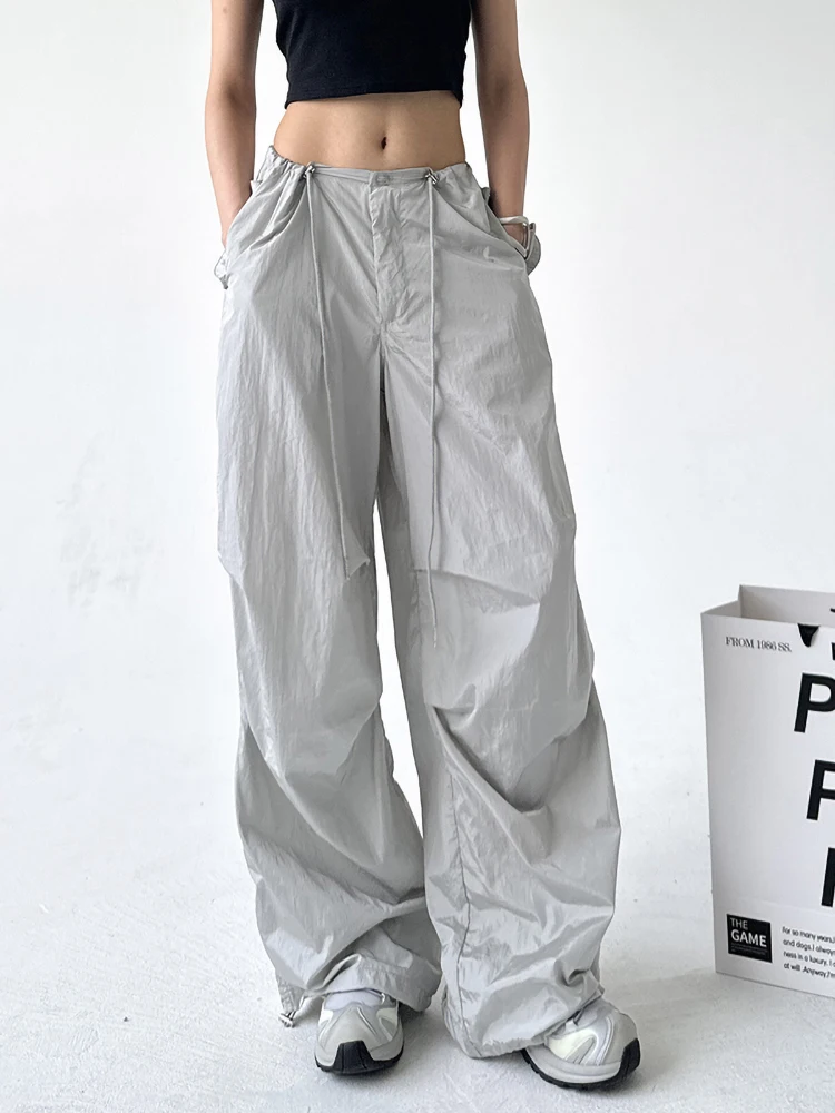 

Silver Work Trousers Women's High Waist Dstring Extended American Casual Loose Leggings Street Sle Summer New Arrival