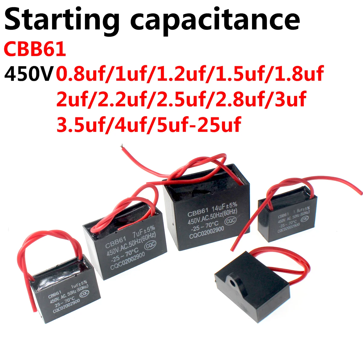 5 uds CBB61 450V condensador de arranque del ventilador 1uF 1,2uF 1,5uF 2,0uF 2,5uF 3,0uF 3,5uF 4,0uF 4,5uF 5,0uF 6,0uF 8,0uF 10uF 16uF 20uF