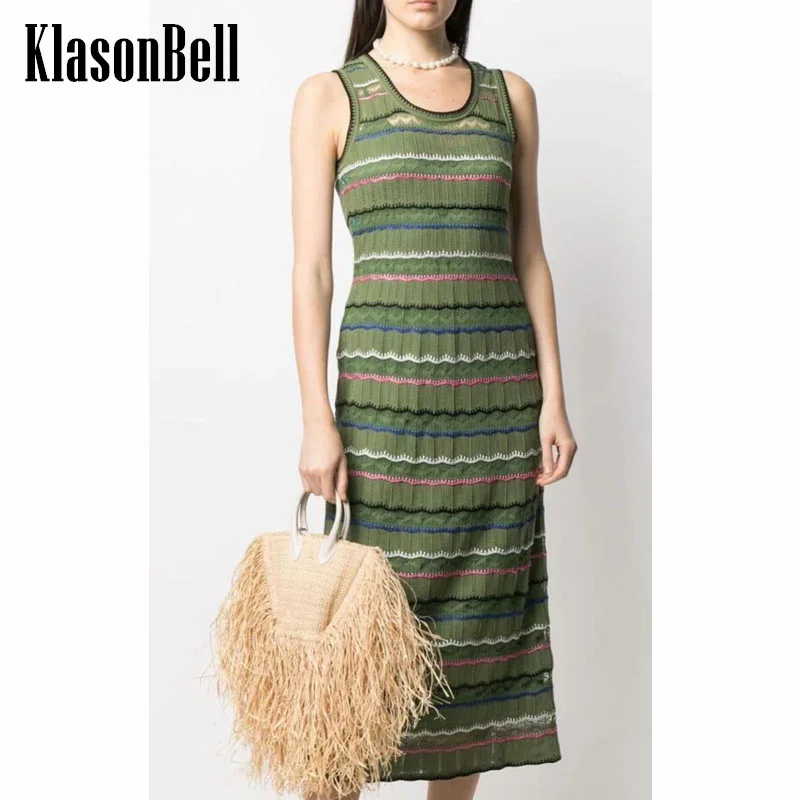 

7.16 KlasonBell Women Elegant Contrast Color Striped Hollow Out O-Neck Sleeveless Tank Long Dress+Strap Lining Knit Slim Dress