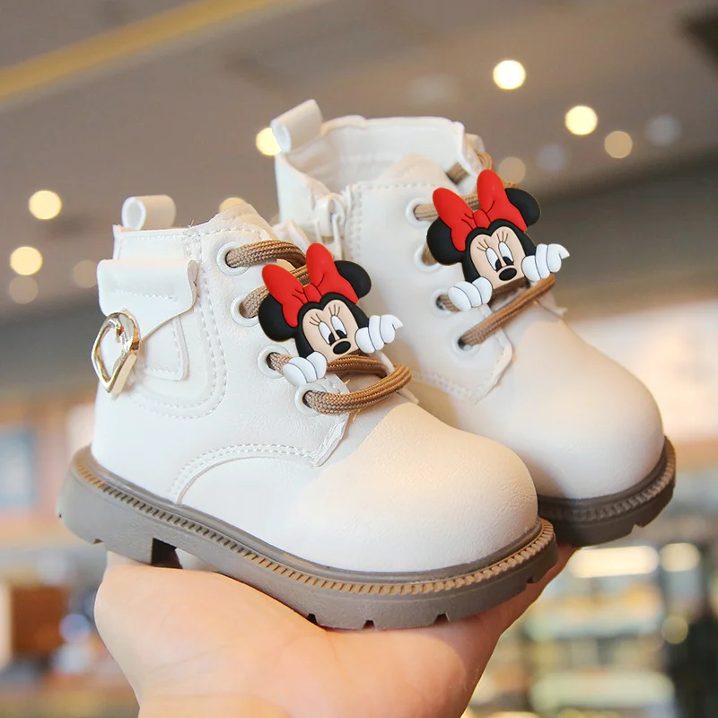 

Зимняя детская повседневная обувь с Микки Маусом Disney, утепленные флисовые короткие сапоги, детская обувь для малышей, первые ходунки для малышей