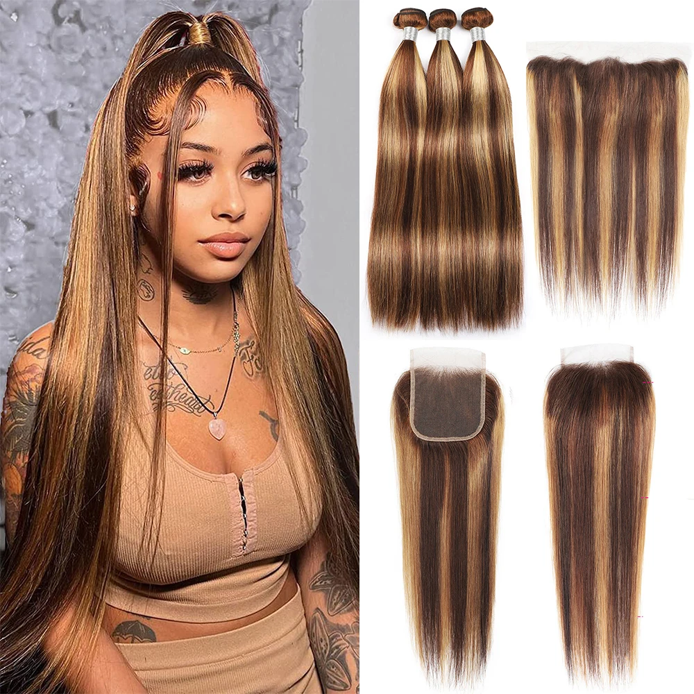 

P4/27 Highlight Bundles With Closure Brazilian Bone Straight Human Hair Bundles With Frontal Remy Hair Extensions For Women