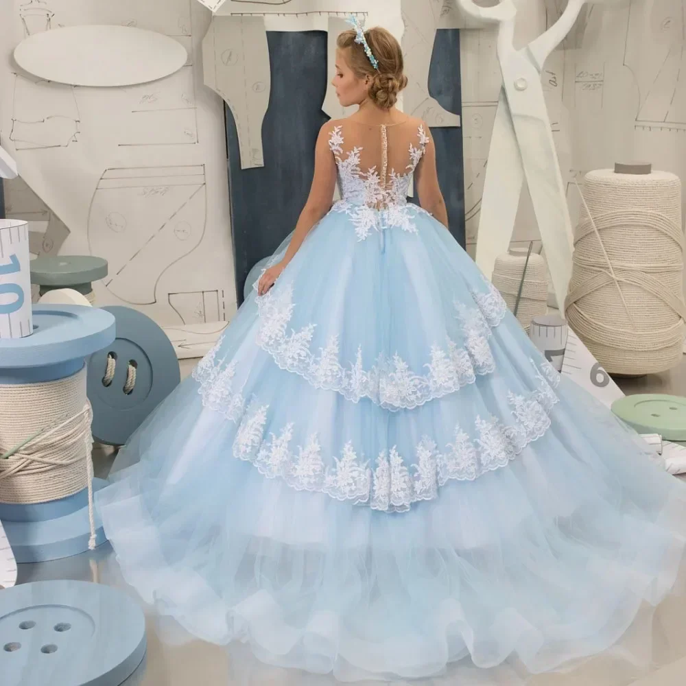 Apliques de encaje blanco azul cielo, sin mangas escalonadas para boda, fiesta de cumpleaños, banquete, vestido de princesa, vestido de niña de flores personalizado