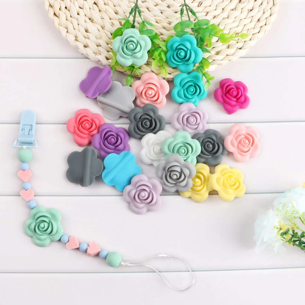 10Pcs Rose Silicone Beads Flower Focal Bead BPA Free Baby Teething Bead DIY Accessories For Pacifier Chain Jewelry Making