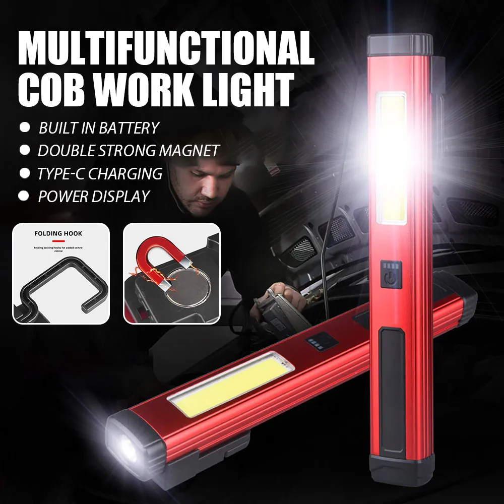 COB Magnetic Work Light USB Rechargeable LED Flashlight New Portable Lantern Camping Torch Car Repair Lamp With Built-in Battery