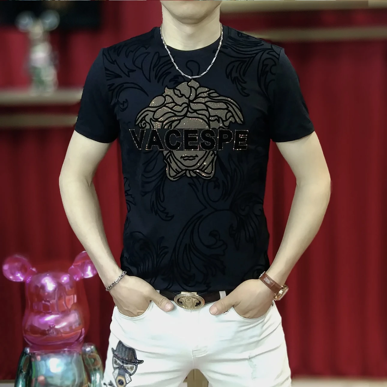 

Модная круглая футболка с блестящими стразами для мужчин, облегающая, эластичная, летняя, новая, производство Китай