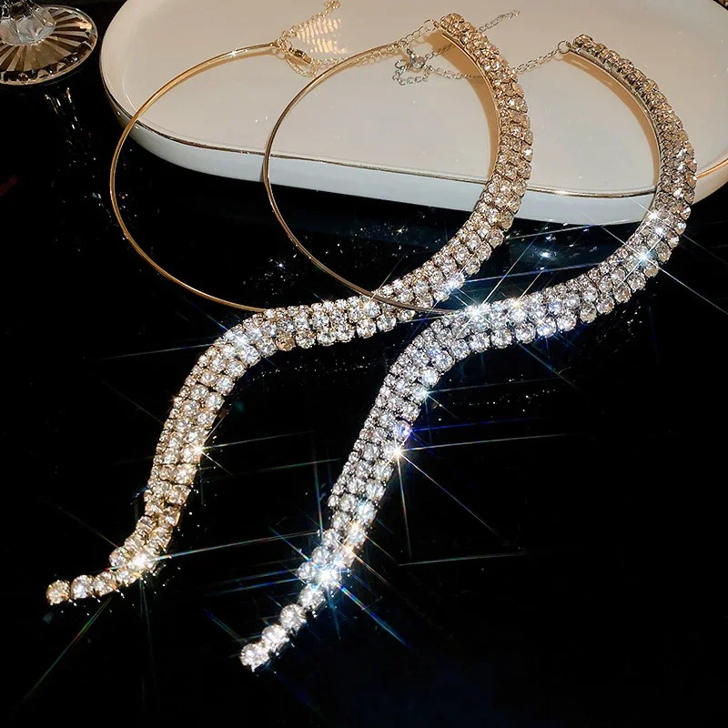 Asymmetric Diamond-encrusted Shiny Women's Necklace Multi-layered Tassel Exaggerated Punk Style Fashion Choker For Women Jewelry