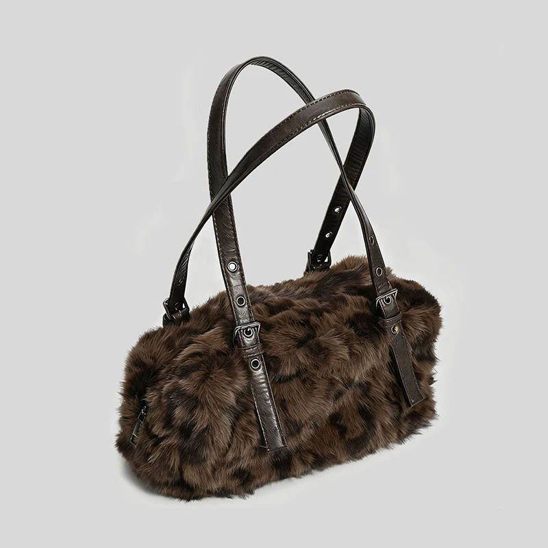 

Leopard Print Plush Shoulder Bag Retro Patchwork Women's Handbag Soft Pillow Bag Niche Fashion European American Underarm Bag