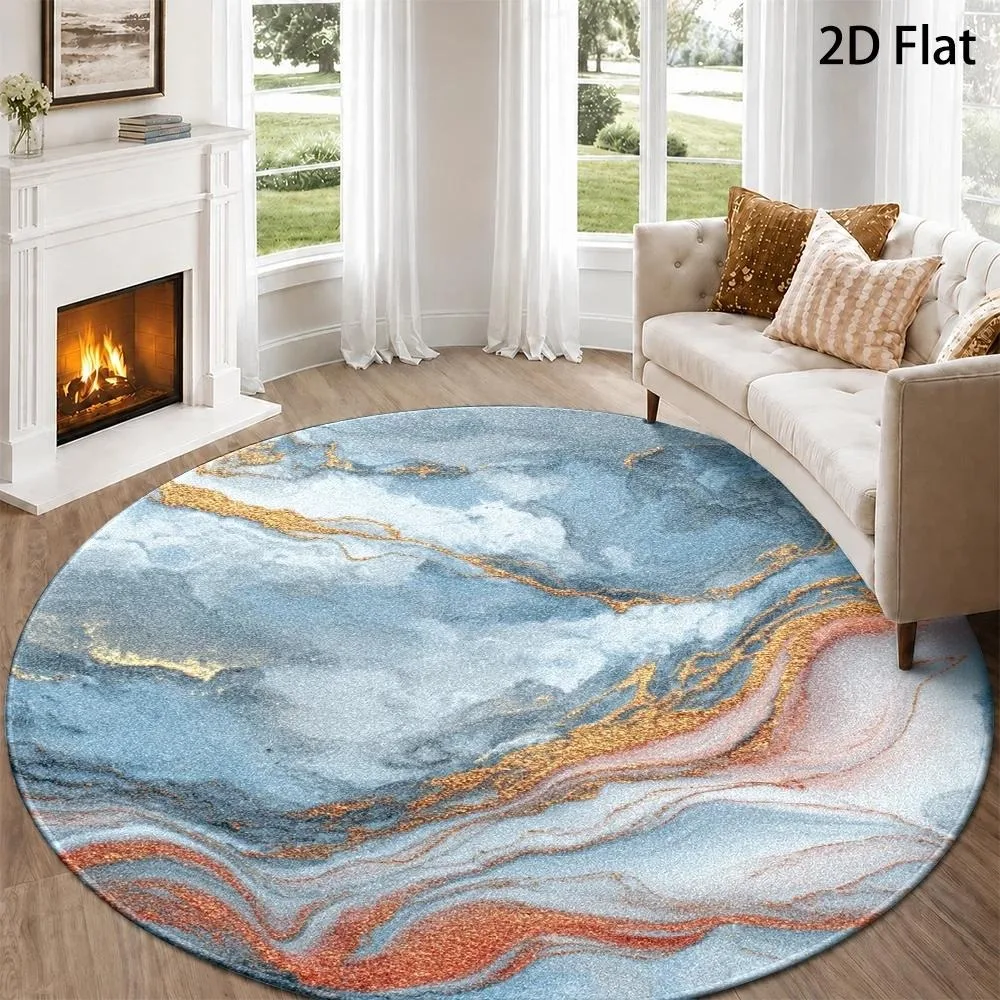 Modern Agate Fluid Round Carpet Teal Purple Golden Swirl Marble Textured Print Circular Floor Rug for Living Room Bedroom