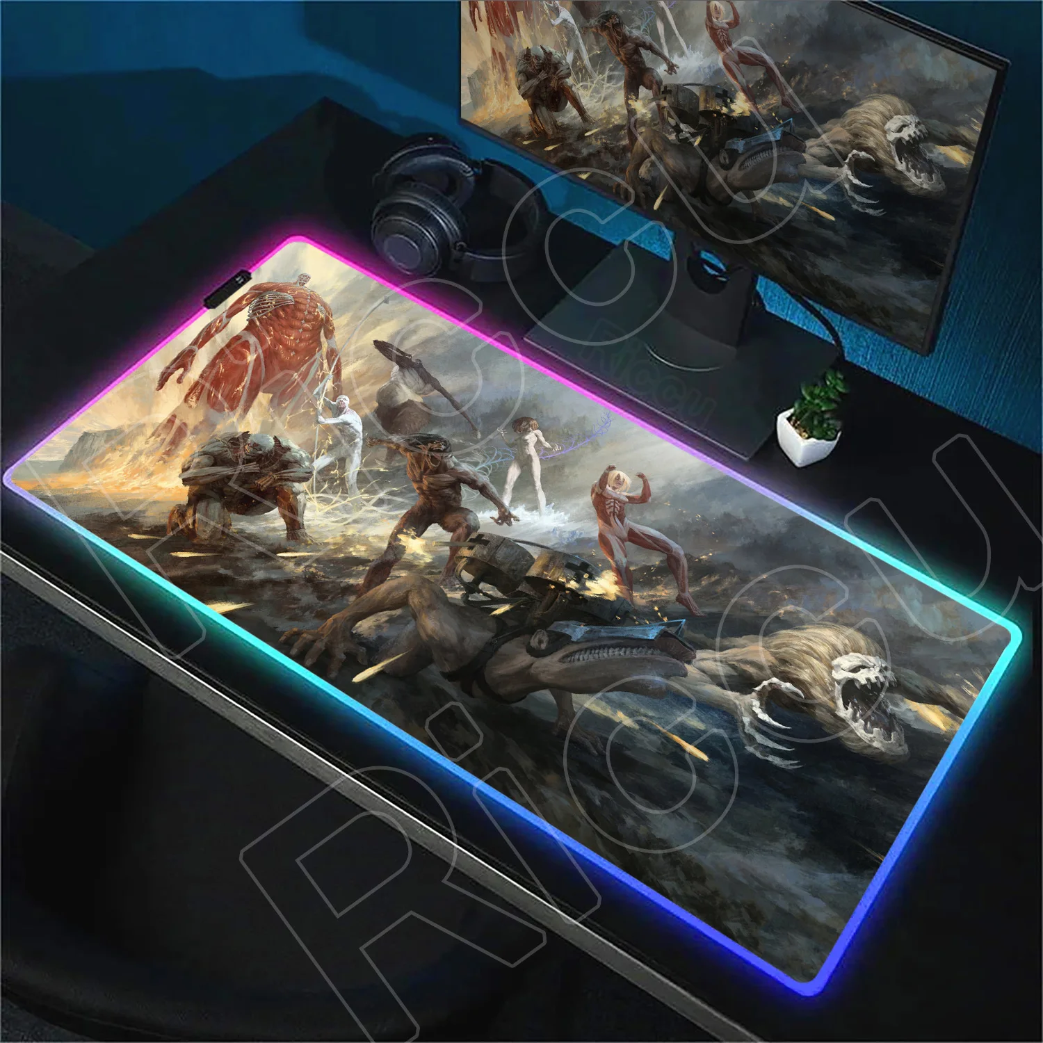 

Anime Attack On Titan Colorful LED Light Mousepad Gamer Cabinet Keyboard Carpet RGB Luminous Mice Pad PC Gaming Extended Deskmat