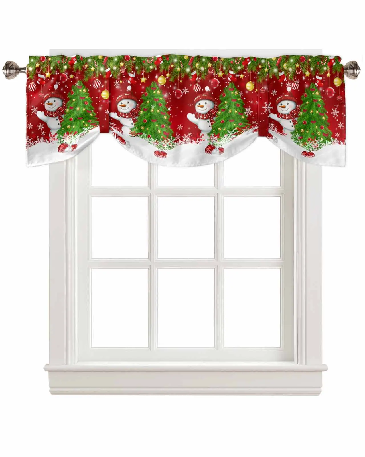 Christmas Snowman Pine Branch Socks Candy Window Curtain Living Room Kitchen Cabinet Tie-up Valance Curtain Rod Pocket Valance