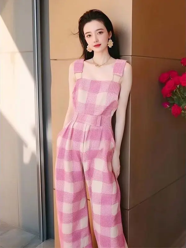

Розовый клетчатый комбинезон-брюки Dopane для женщин, летний модный костюм с высокой талией, прямые брюки, для офиса и повседневной носки