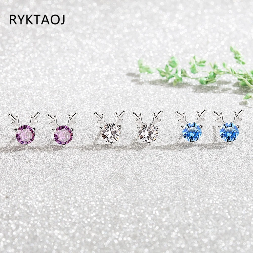 925 Sterling Silver Deer Antler Stud Earrings for Women Multi Color Round Cubic Zirconia Cute Earring Christmas Jewelry Gift