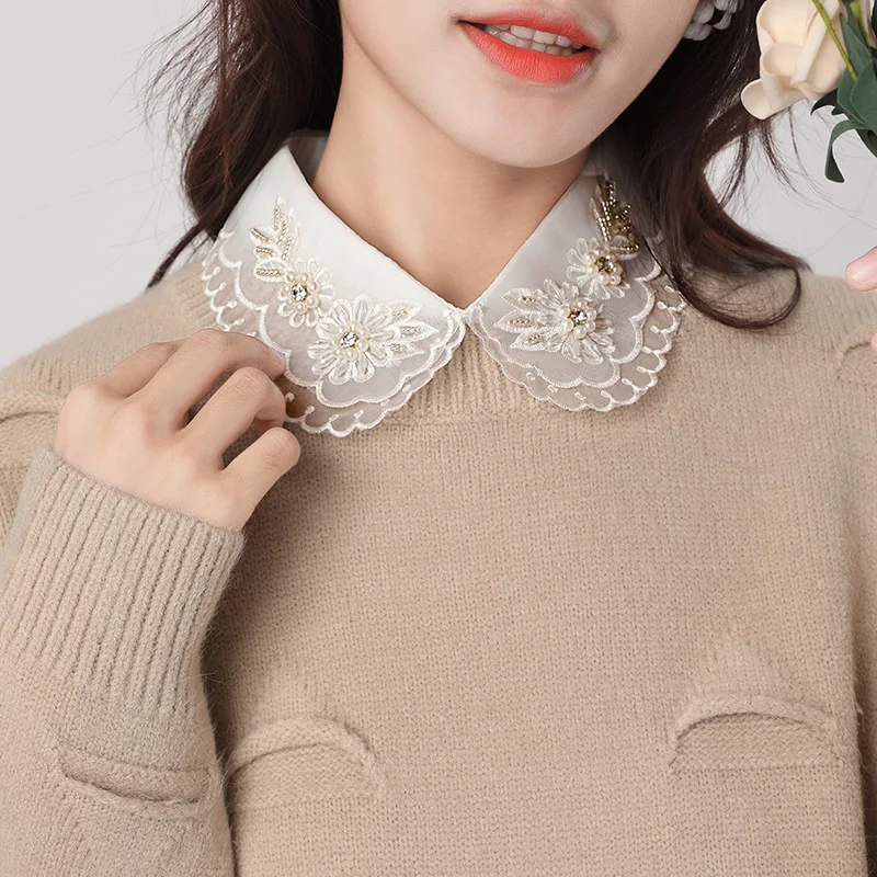 Women Fake Doll Collar Lace Beads Blouse False Collar Lapel Detachable Collar Female Decorative Removable Half Shirt Collar