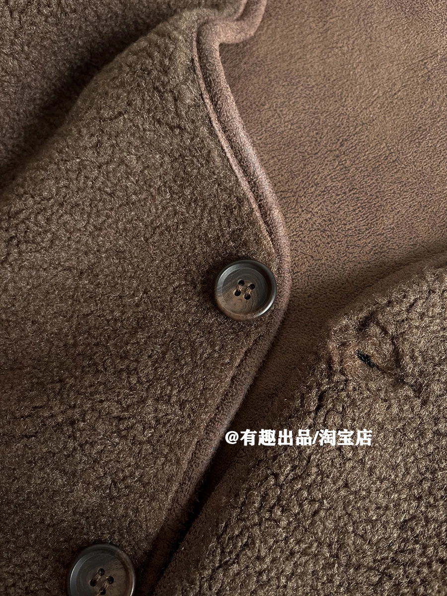 Jaket Bulu Domba Imitasi Berat Gaya Retro Jepang Tanpa Kerah Berlapis Tebal Tahan Angin dan Hangat Pakaian Luar Oversized Trendi