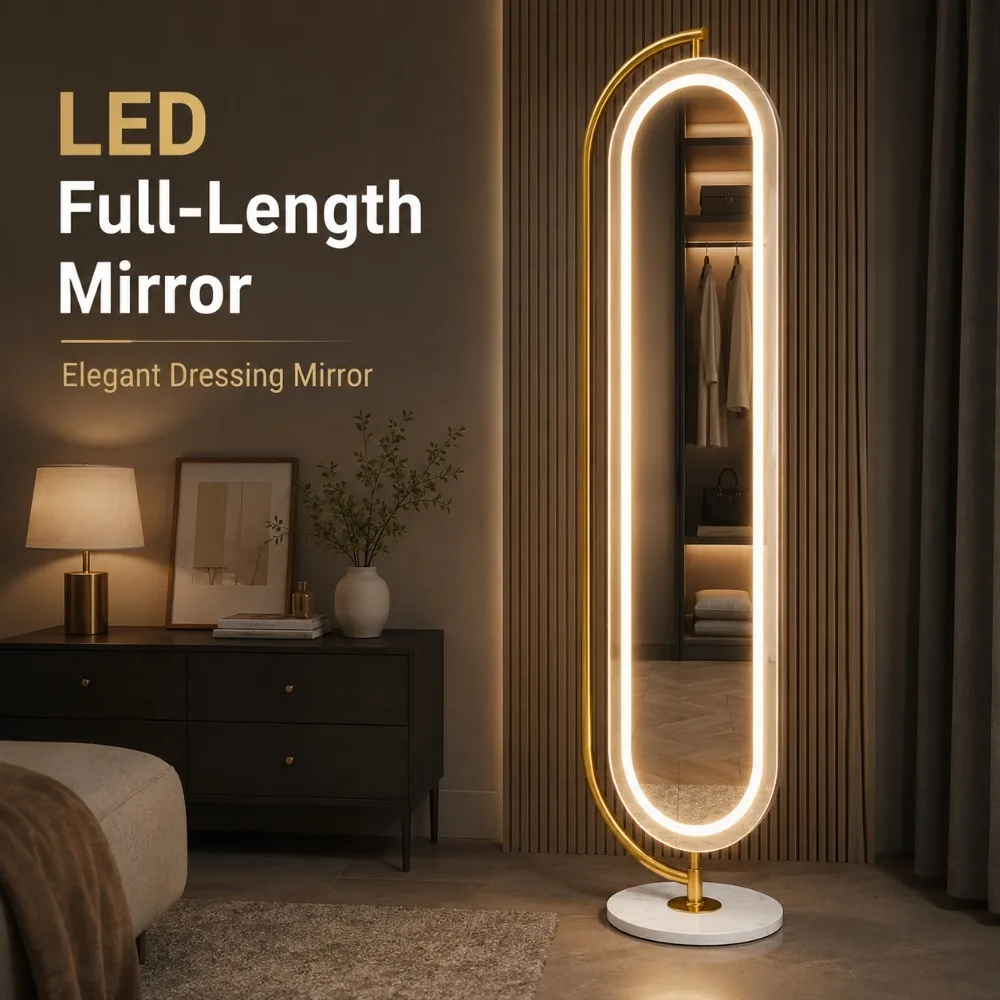 LED Full Length Mirror 360 Rotating Floor Mirror with Lights Touch Dimming Dressing Mirror Storage Stand Bedroom image 3