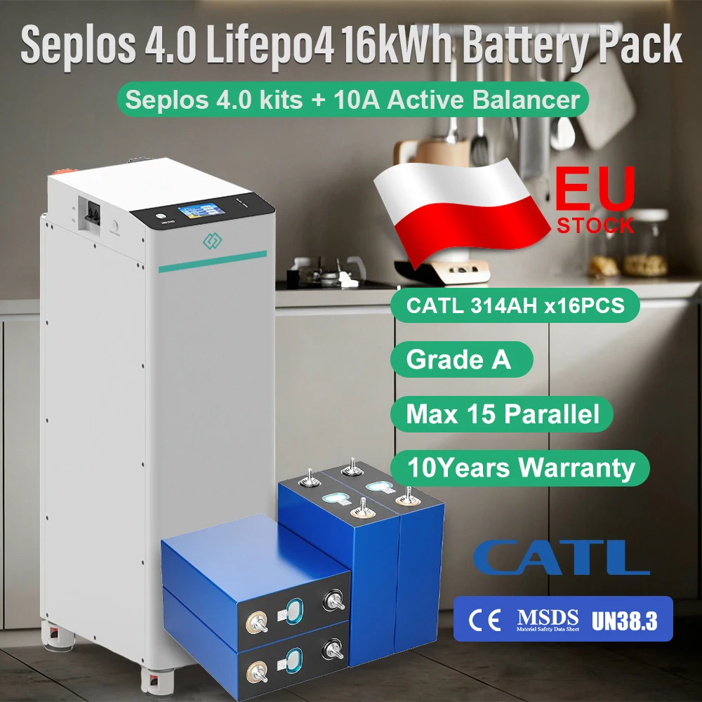 EU Stock CATL314 16KWH Lifepo4 Battery Grade A V4 Seplos Kits DIY Pack 10A Active Balancer DIY Home Solar Energy VAT Free