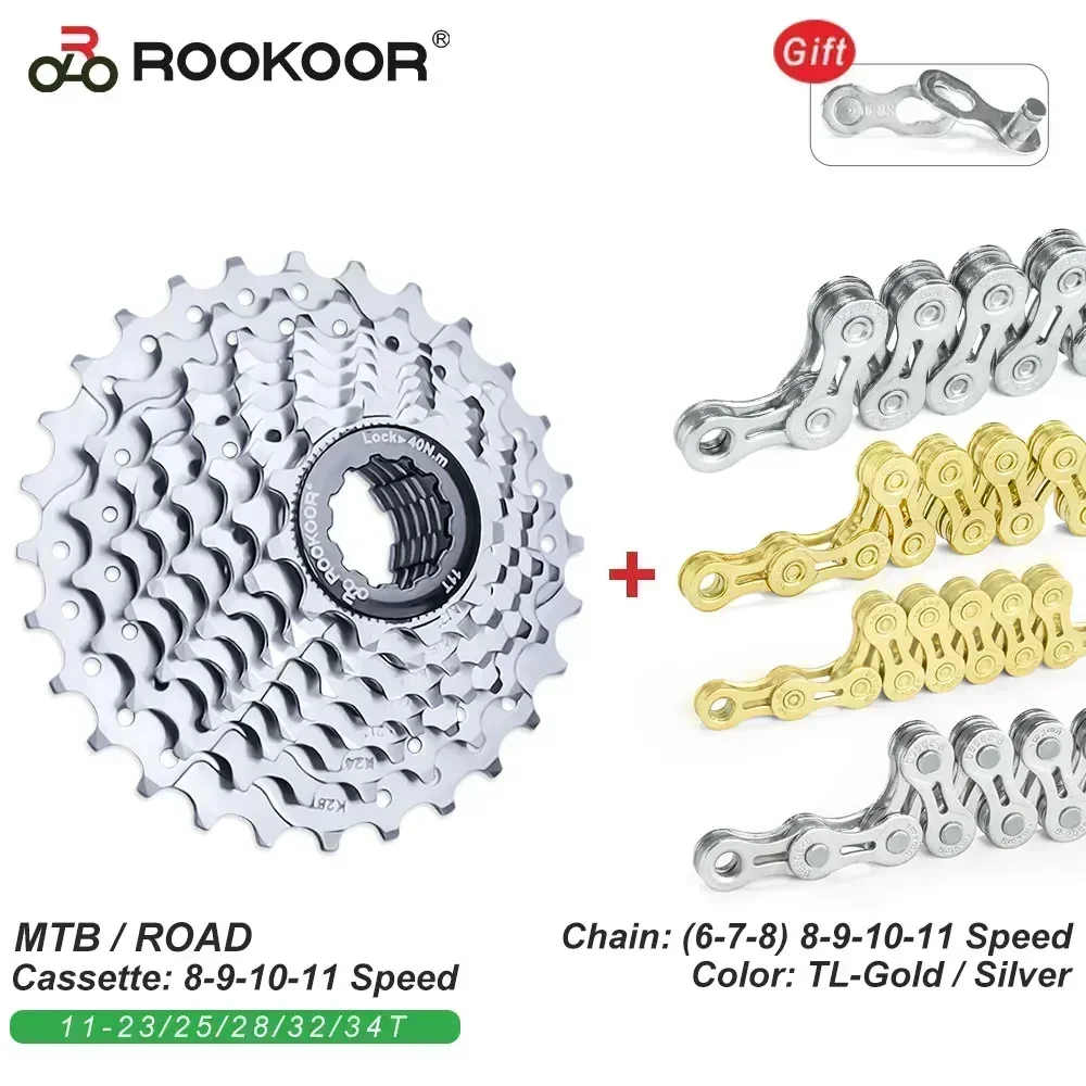 Rookoor Bicycle Cassette Chain Flywheel Combination Set 8/9/10/11Speed 11-23T 25T 28T 32T 34T Suitable for Shimano Bicycle Parts