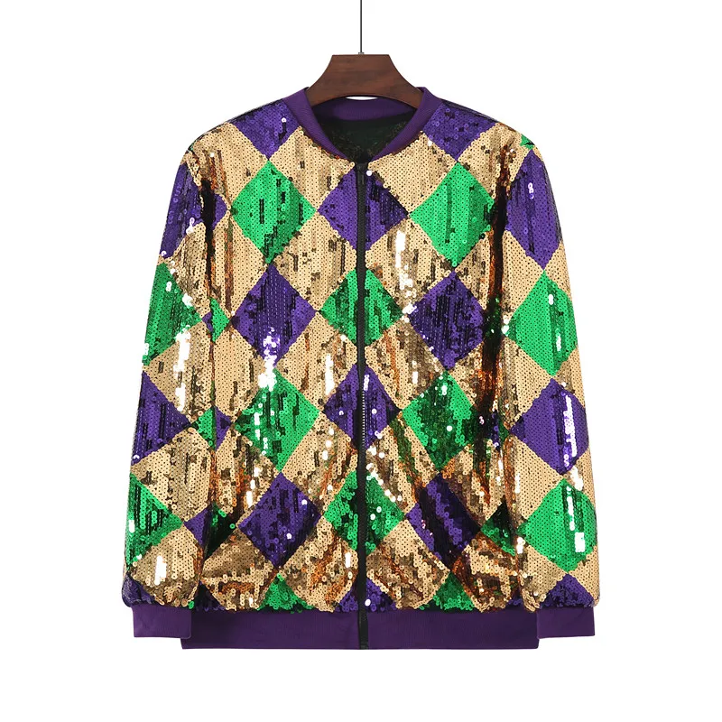 Spring Autumn New Fashion Sequin Diamond Print Women Long Sleeved Jacket Simple Baseball Collar Female Casual Loose Coat