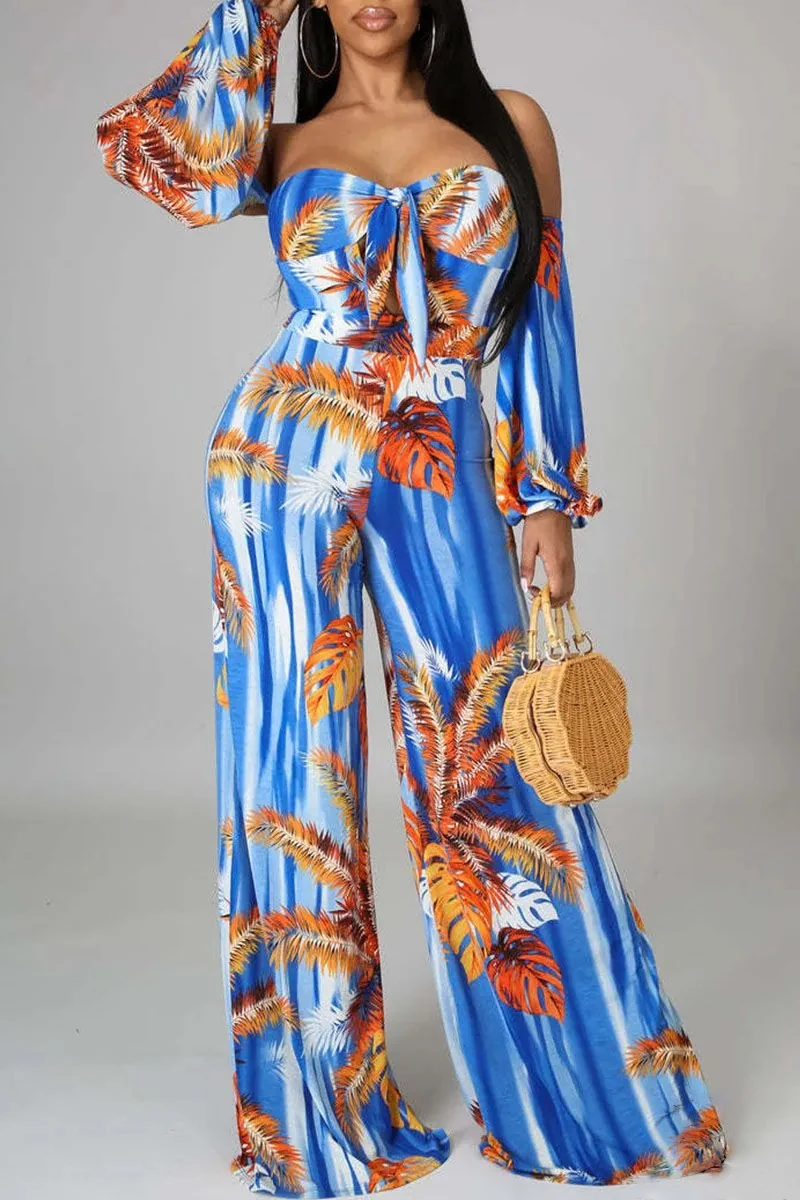 Women Tropical Print Off Shoulder Jumpsuit Long Puff Sleeve Tie Front Cutout Wide Leg Casual Spring Summer Beach Vacation Outfit