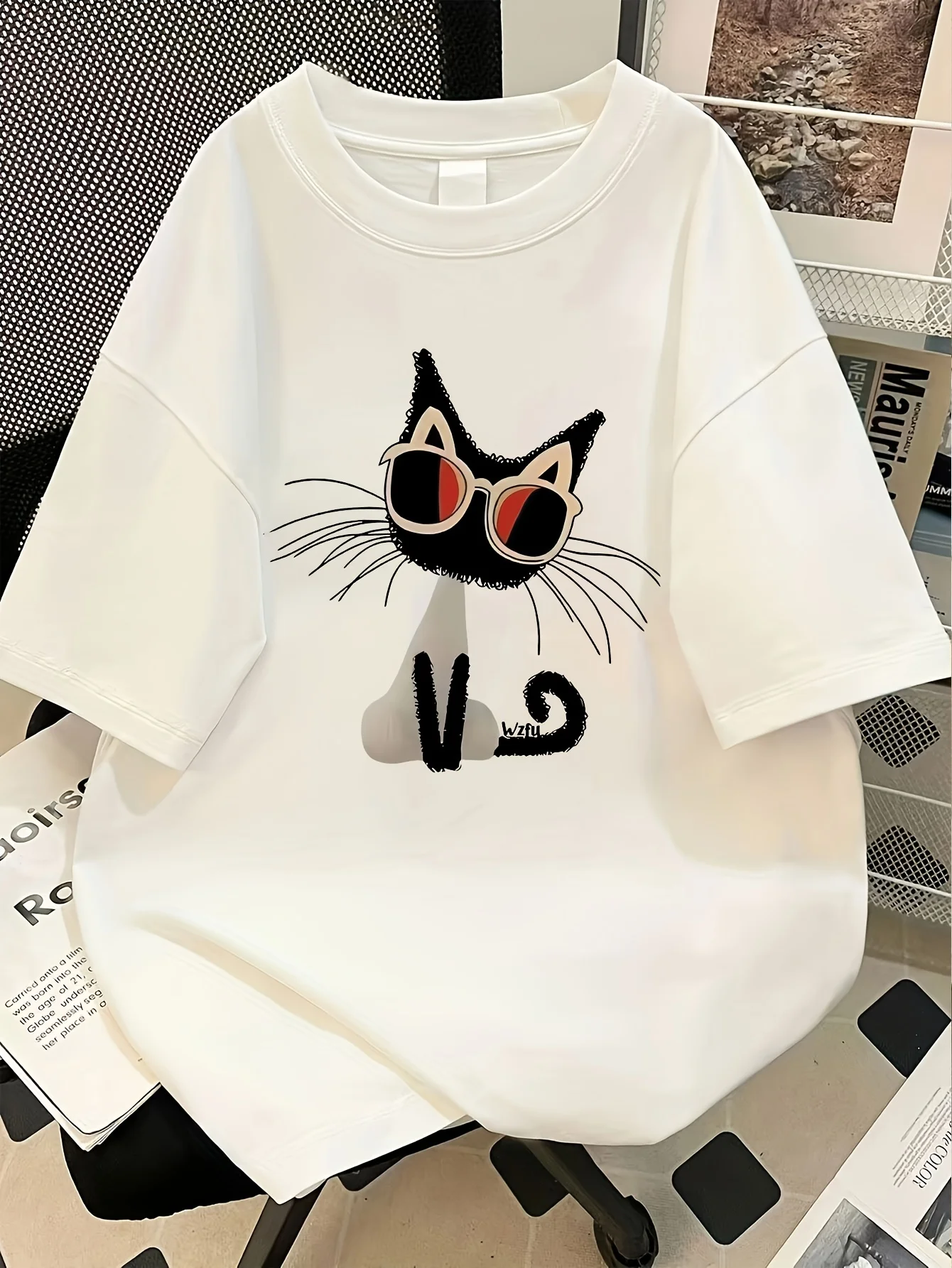 Black Kitten Cute Printed Picture Short-sleeved 2026 Summer Comfortable Base Round Neck Style Women's T-shirt