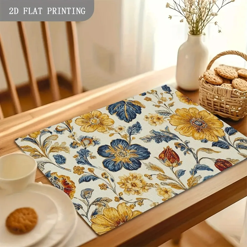 

Винтажные подставки для столовых приборов VIKAMA с цветочным принтом, набор из четырех желтых и синих цветочных ковриков для столовых приборов, нескользящие, идеально подходят для домашнего декора на кухне