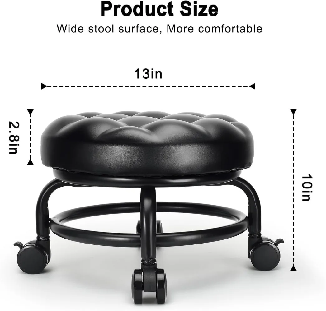 Stool Low Roller Stool PU Leather Comfortable Chair 360°Swivel Rotating, Modern Low Rolling Stool for Home Office