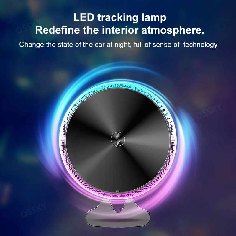 أضواء LED المغناطيسي شاحن لاسلكي حامل السيارة آيفون 12 13 14 15 16 برو ماكس 15 واط شحن سريع حامل هاتف السيارة العالمي