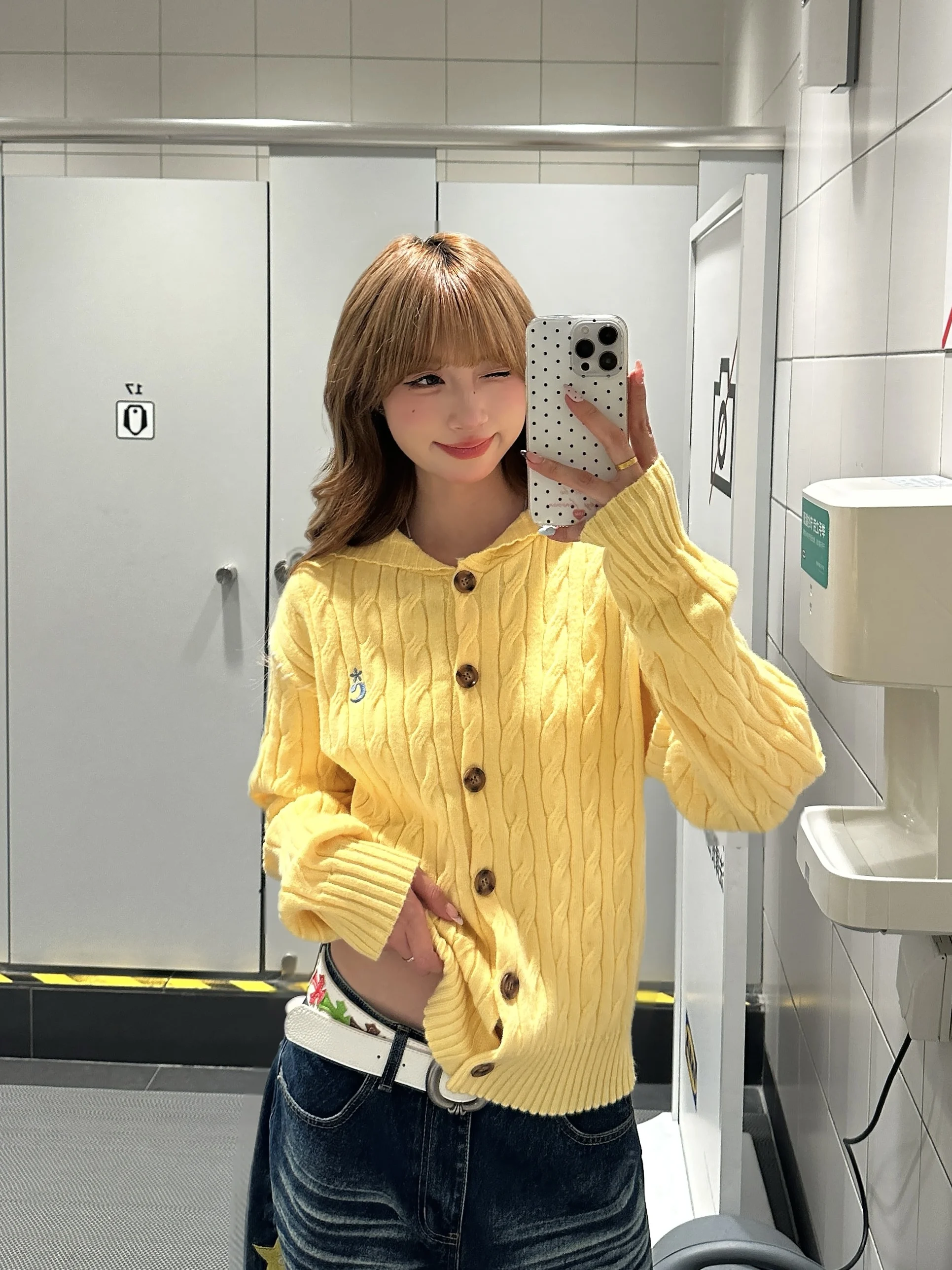 

BeOurRule American Retro Embroidered Loose Knitted Hat Sweater Women Spring Lazy Open Cardigan Top Casual Sle Long Sve