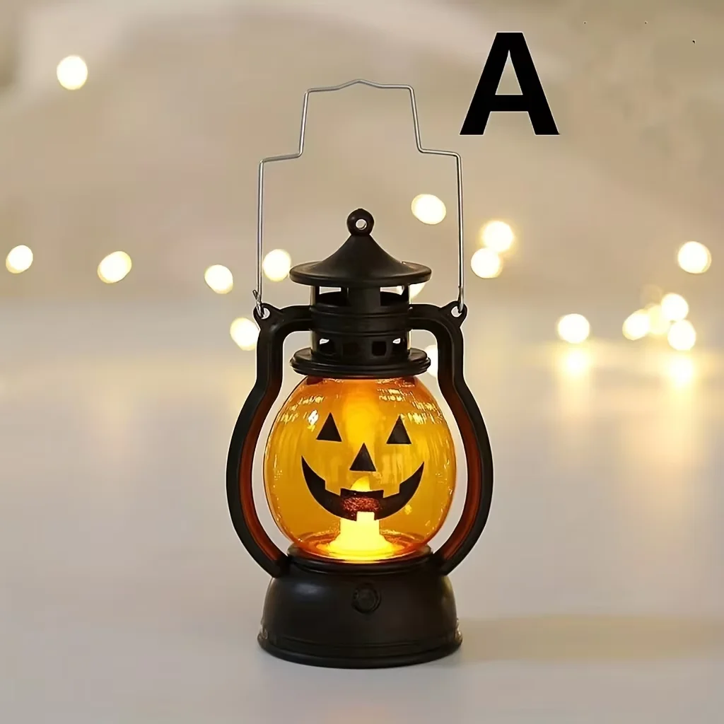 Halloween Appeso Zucca Lanterna Luce LED Fantasma Lampada a lume di candela Retro Piccola lampada a olio Festa di Halloween Decorazioni per la casa Puntelli horror