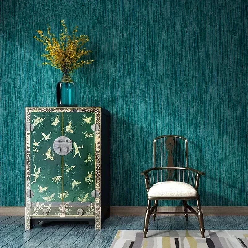 Southeast Peacock Blue Wallpaper Luxury Restaurant Clothing Deep Relief Skin Tone Wallpaper Simple and Atmospheric Style