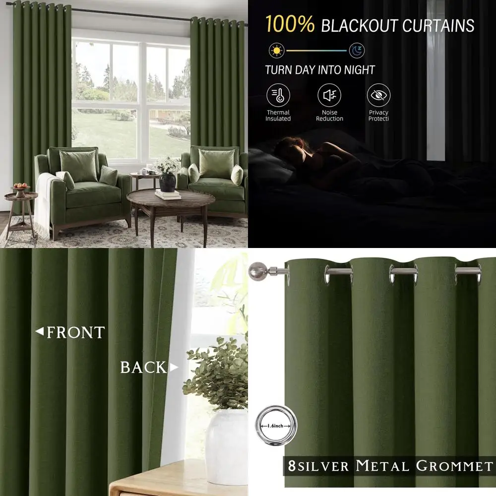 

Blackout Olive Green 52x108 Inch Curtains, 2-Panel Set, Thermal Insulated, Soundproof, Grommet Top for Bedrooms and Living Rooms