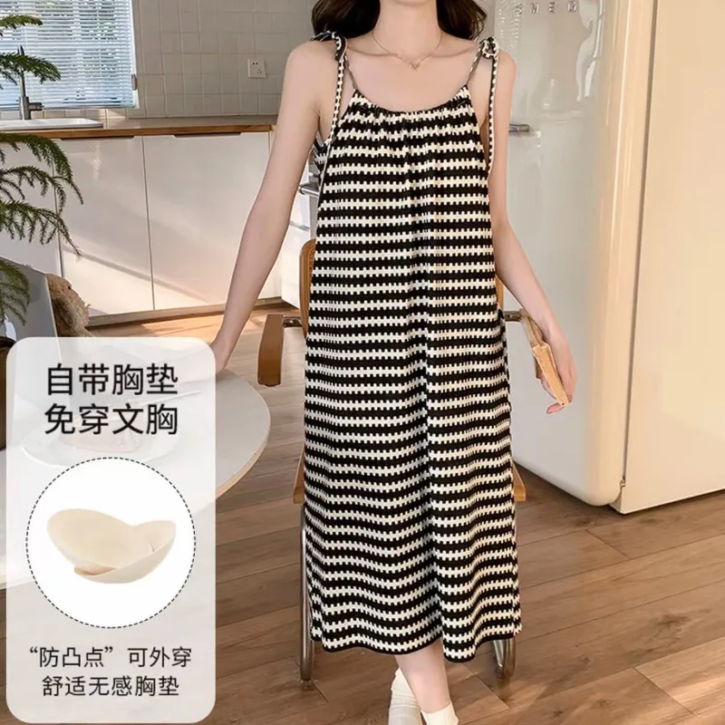 Small fresh pajamas with chest pads women's summer thin suspender cloud cotton casual loose dress loungewear outside