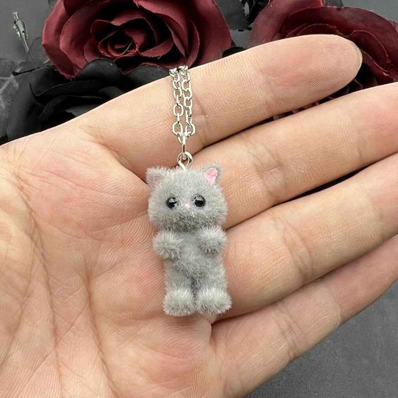 1PCS 3D Cartoon Flocking Cat Necklaces Kawaii Necklace Ring Animal Necklaces Souvenir Gifts for Women Men Pendant DIY Jewelry