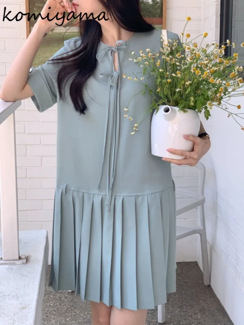 

New Pleated Hem Vestidos Korean Women 2024 Dress Lace-up Bow Vestido Temperament Summer Dresses O-neck Short Sleeve Robes