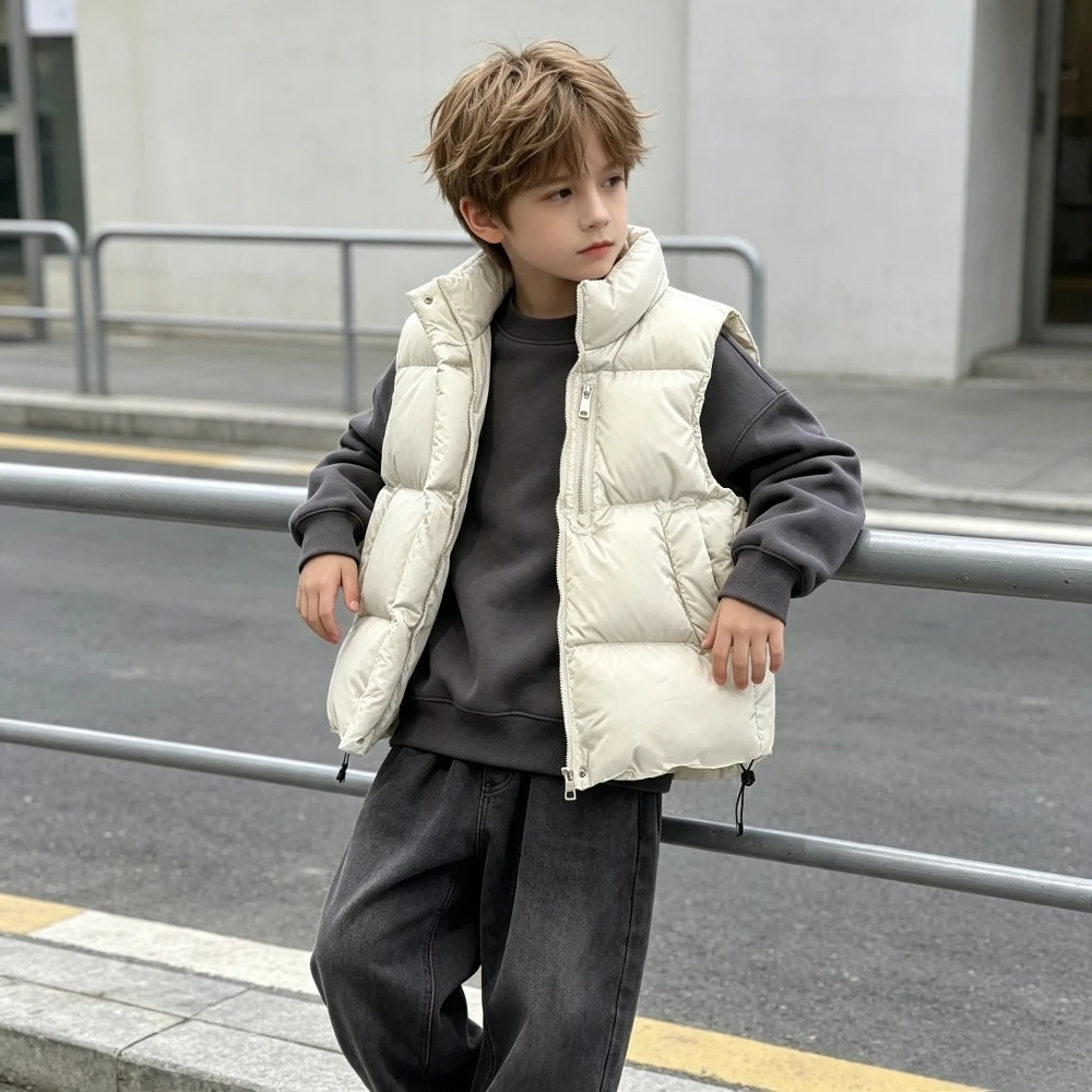 Kids Puffer Vest Stand Collar Half Zip Sleeveless Gilet Adjustable Hem Boys Girls Versatile Warm Quilted Jacket Autumn Winter