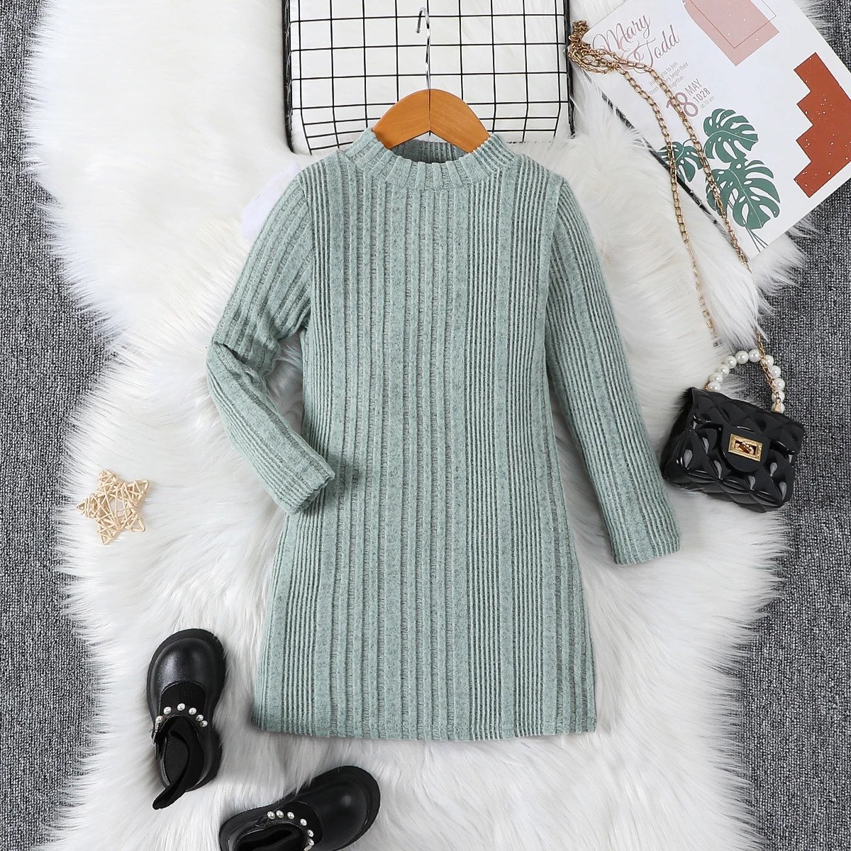 Herbst und Winter Mädchen lang ärmel igen Rundhals ausschnitt einfarbig Pit Stripe Casual Fashion niedlichen Strickkleid