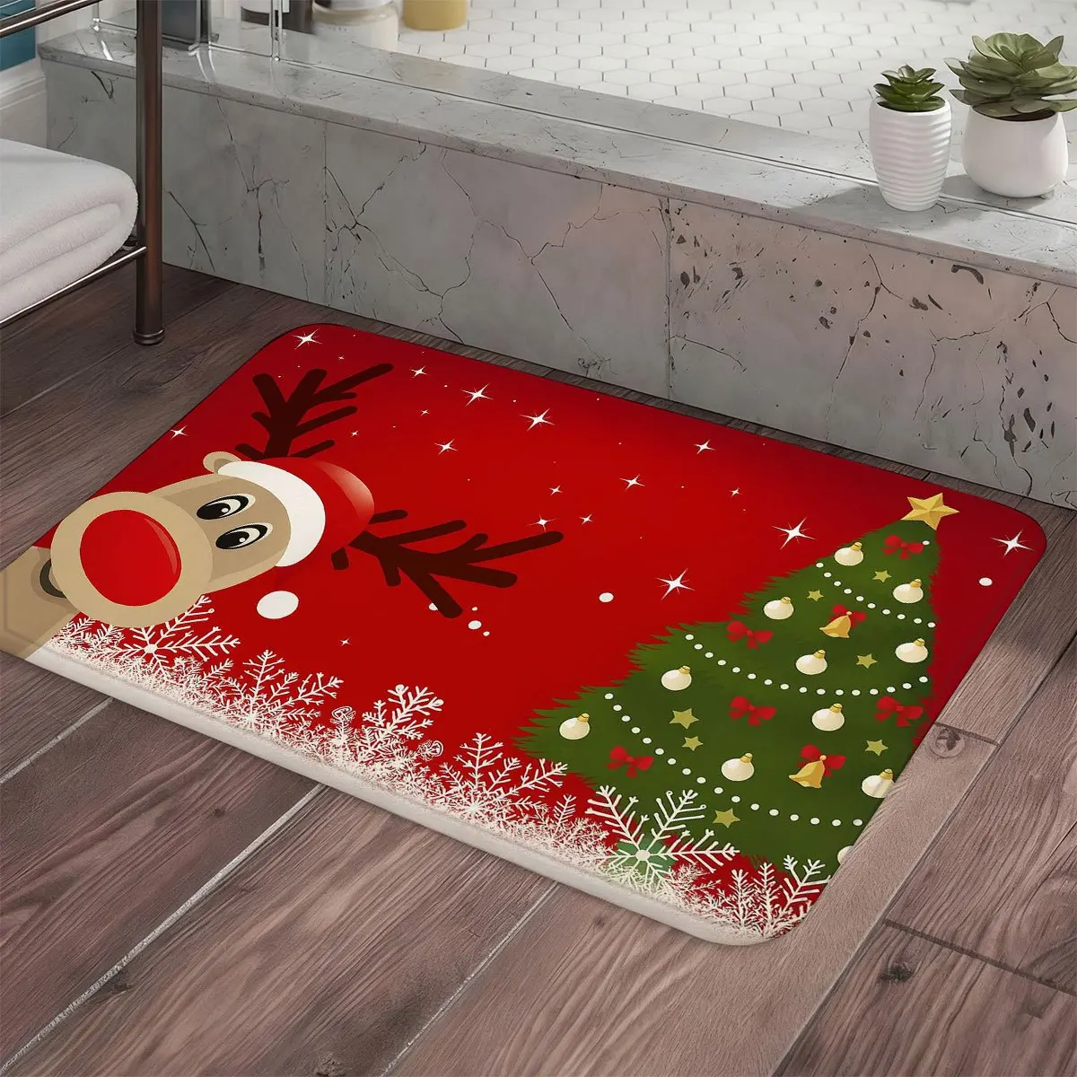 1pc 2D Flat Christmas Rug, Red Nose Reindeer and Christmas Tree Print, Machine Washable, Soft, for Entryway, Living Room