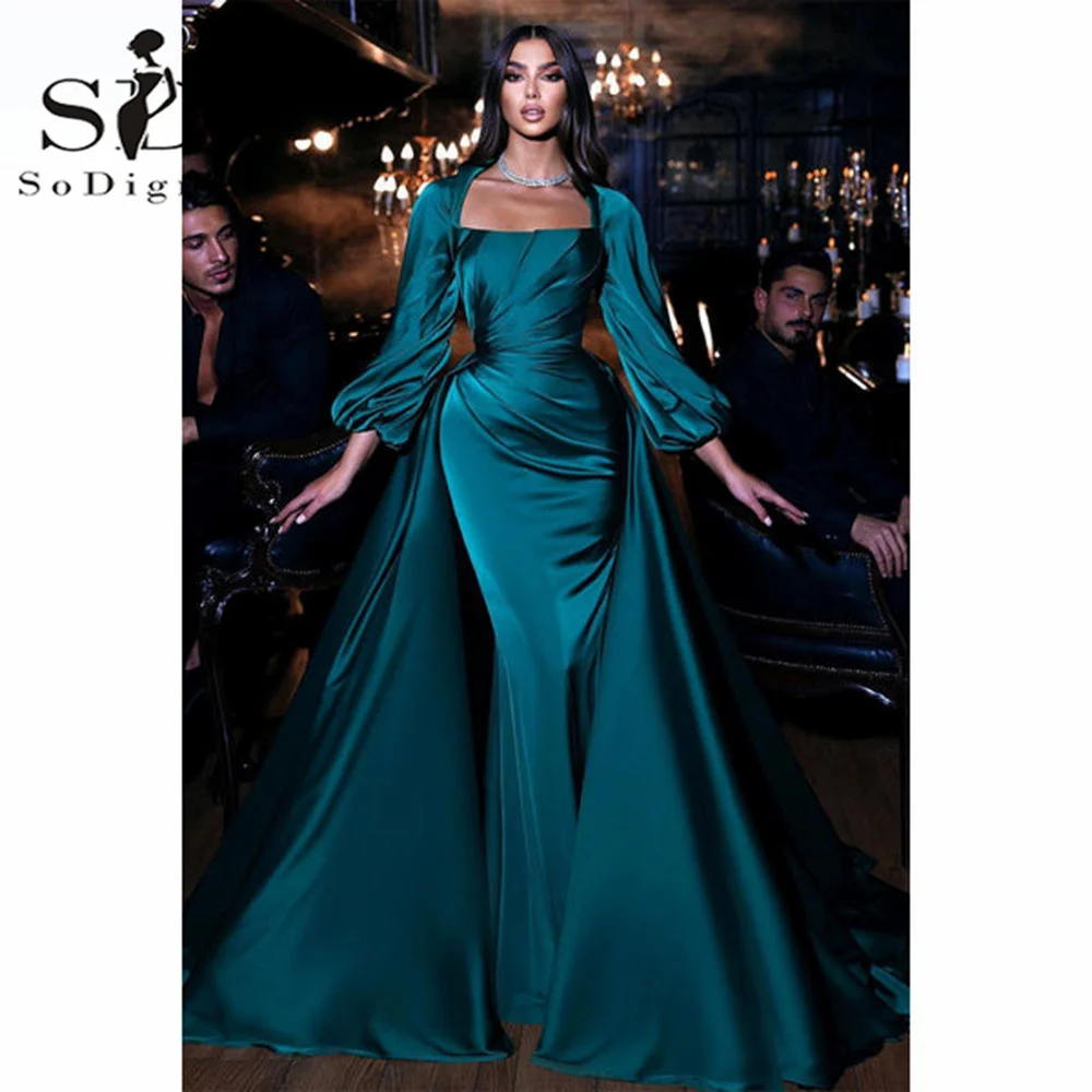 SoDigne Satin Meerjungfrau Abendkleider Mit Abnehmbaren Zug Saudi-arabien Lange Ärmeln Vintage Braut Prom Kleid Falten Celebrity Kleider