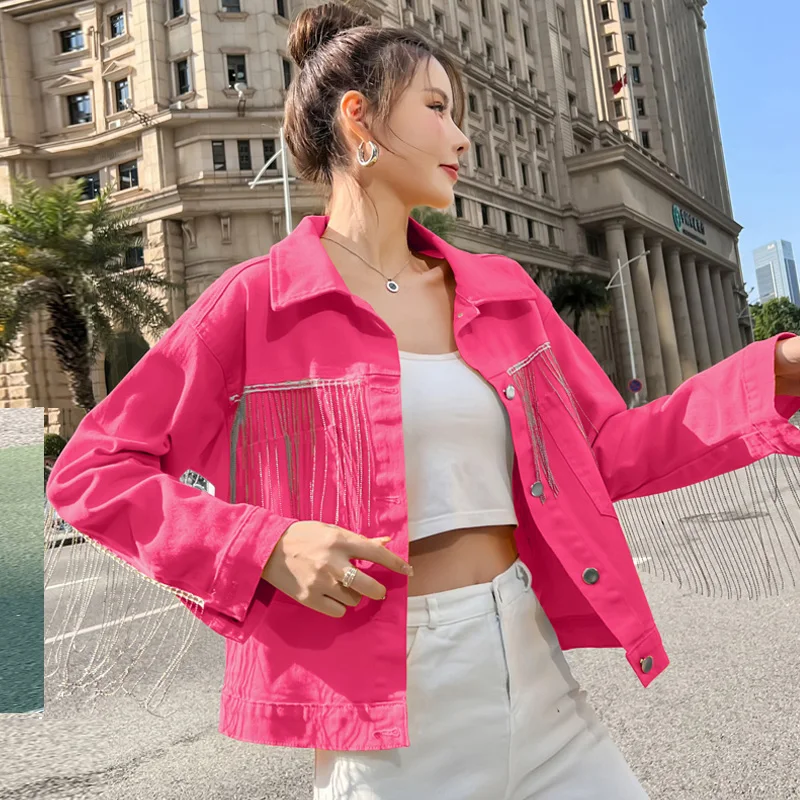 Ladies Jean Top Fashion Tassel Denim Jacket Women\'s 2023 New Candy Color Large Size Loose Jean Jackets Short Outwear