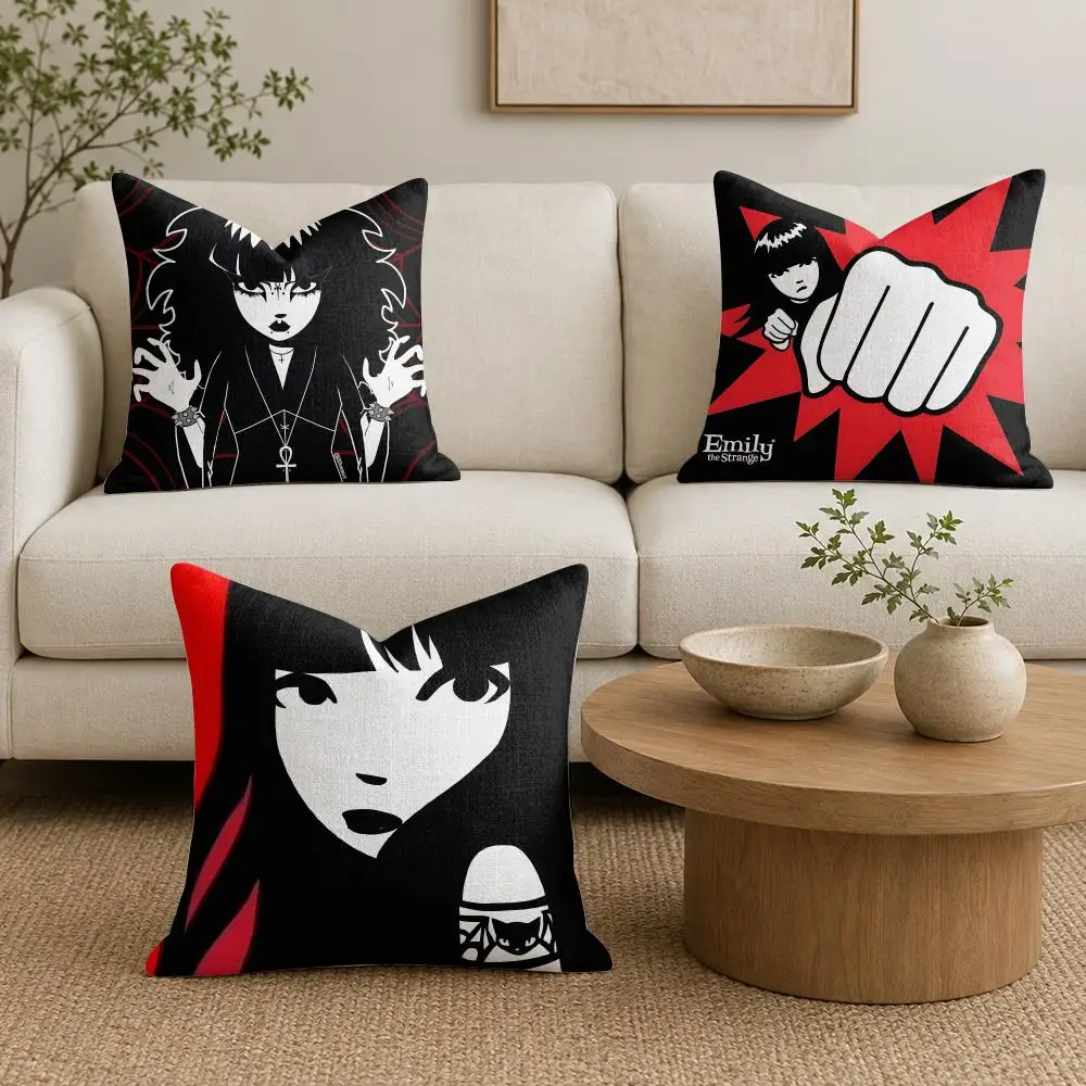 E-Emily the Strange Quirky Cushion Cover Organic Natural Linen Pillowcase with Double Sided Print for Sofa Home Decor Gift
