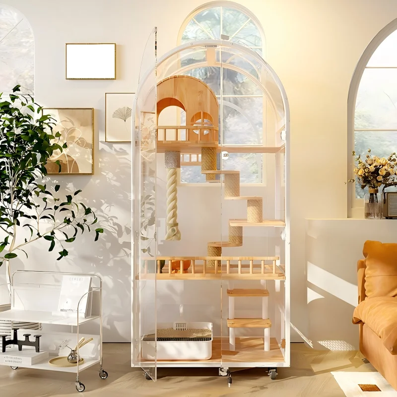 

Luxury Small Animal Carbon Steel Frame With Rubber Wood Board Tempered Glass Pet Cabinet Large Space Cat House Villa