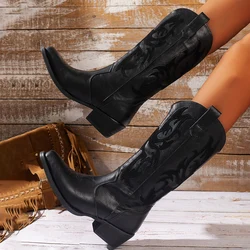 New Fashionable Women's Boots with Leather Embroidered Thick Heel Square Toe Western Cowboy Boots for Women