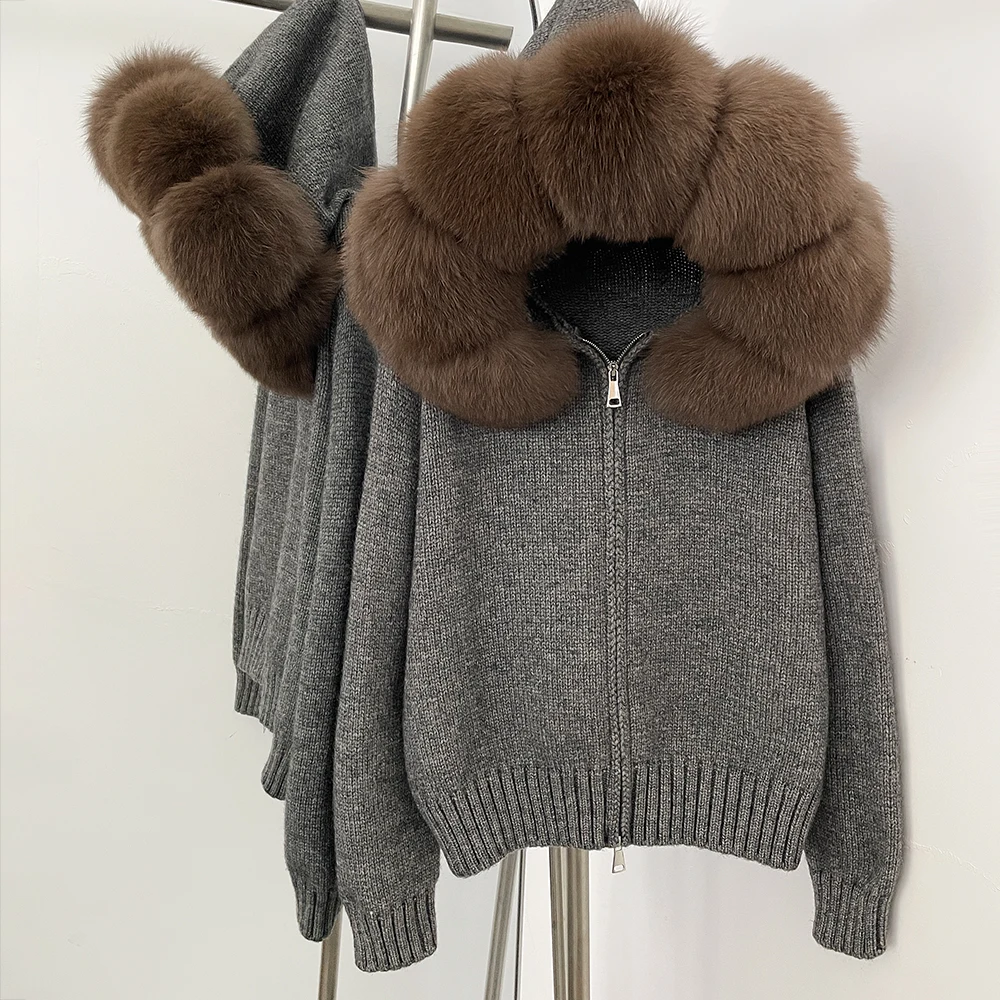Womens Wool Blend Sweater Oversized Knit Natural Fox Fur Coat Women Real Fur Collar Knitwear Female Spring Autumn Hooded Knitted - view 5