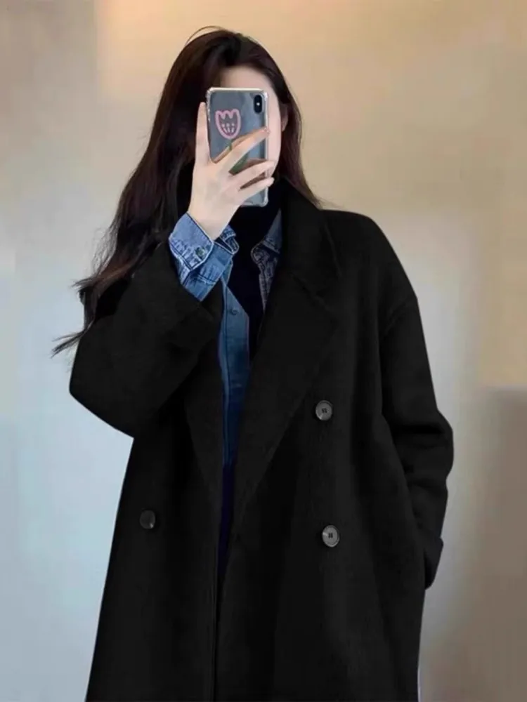 

Black Double-Sided Cashmere Woolen Coat, Women's Autumn And Winter Double Breasted Woolen Mid Length Jacket