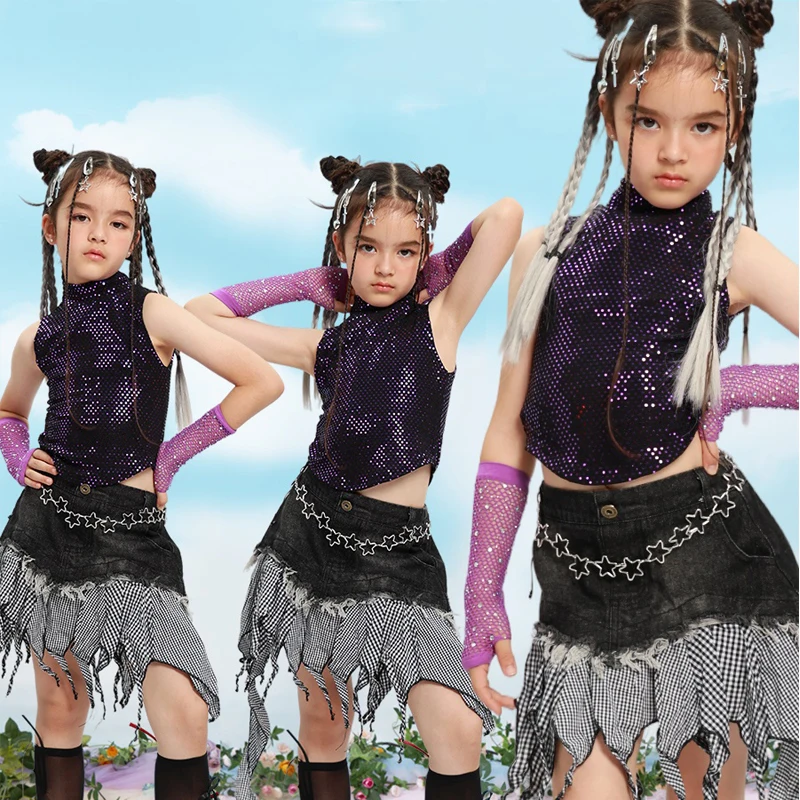 

Children'S Kpop Stage Outfits Sequins Vest Irregular Skirt Girls Cheerleading Jazz Dance Costume Kids Hip Hop Clothing XS8304