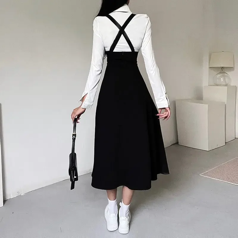 Hikigawa Chic Fashion Long Sleeve Women Blouse +Slim All Match Bandage Slim Waist Tunic Dresses Spring New 2 Set Ropa Mujer