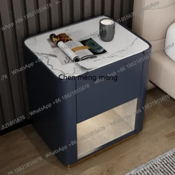 

Bedroom simple solid wood bedside table Italian side cabinet rock slab, leather light luxury bedside table