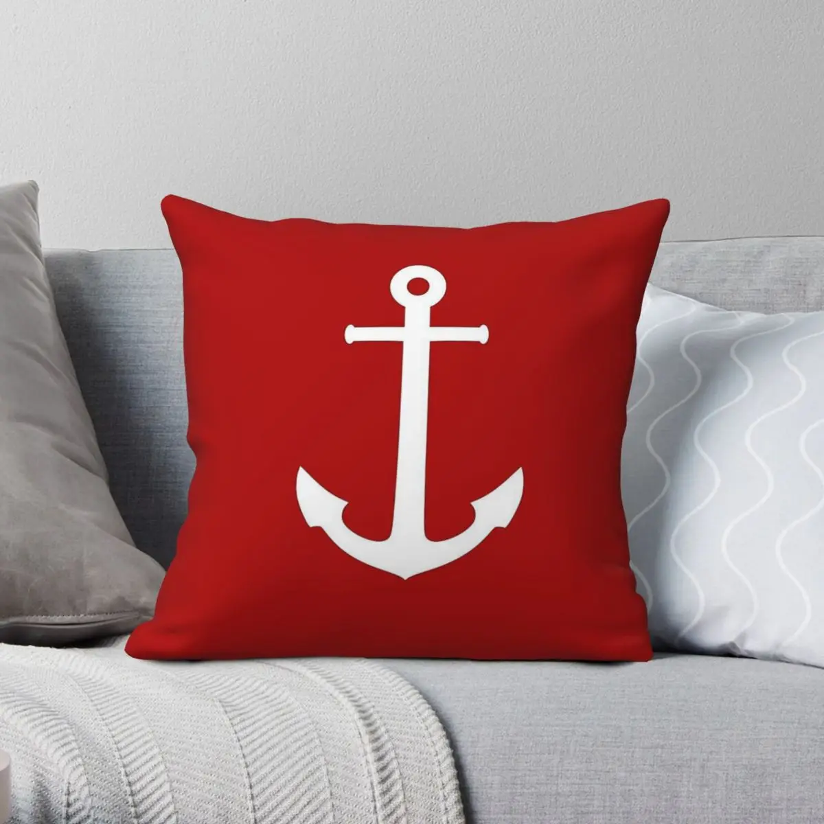 White Anchor On Medium Red Square Pillowcase Polyester Linen Velvet Printed Zip Decorative Home Cushion Case 18